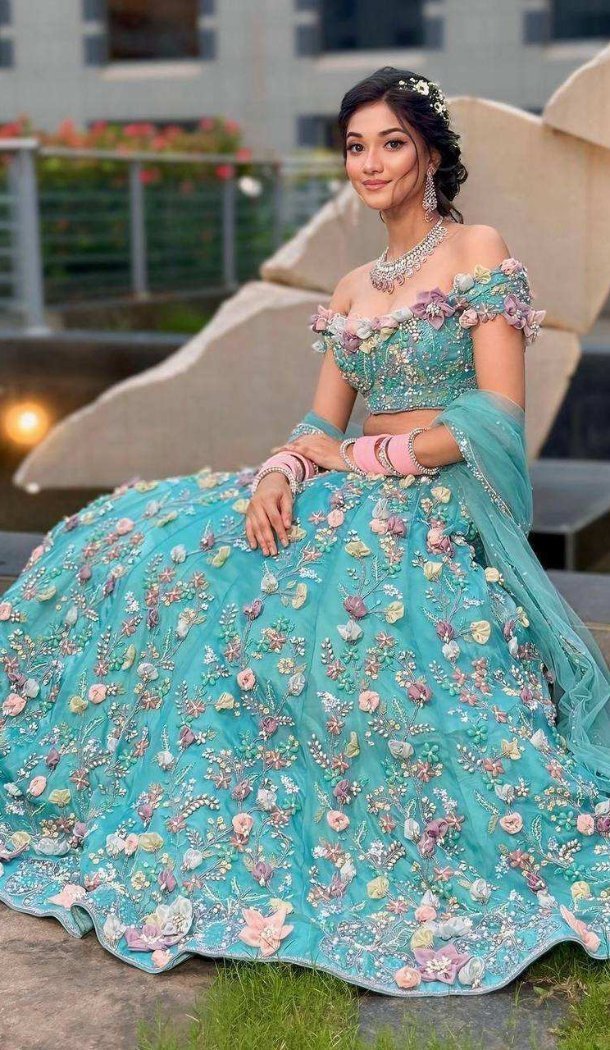 Sky Blue Faux Georgette Sequins Work Lehenga Choli - 220178