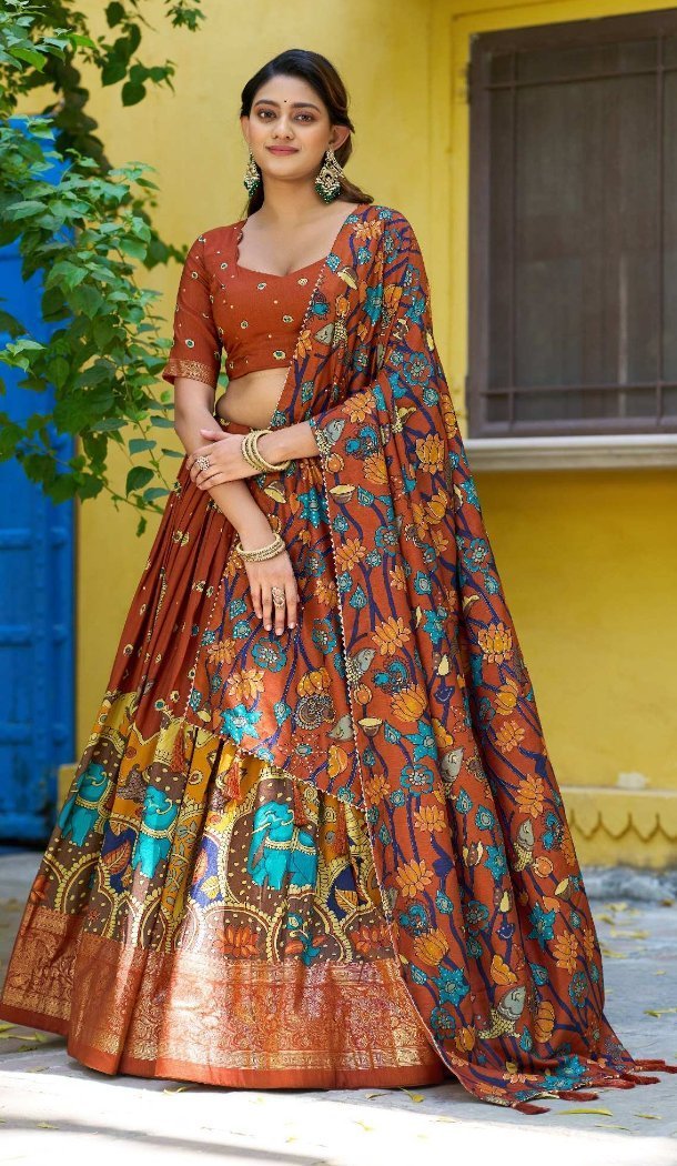 Rust Tasar Silk Foil Border Navratri Chaniya Choli - 220213