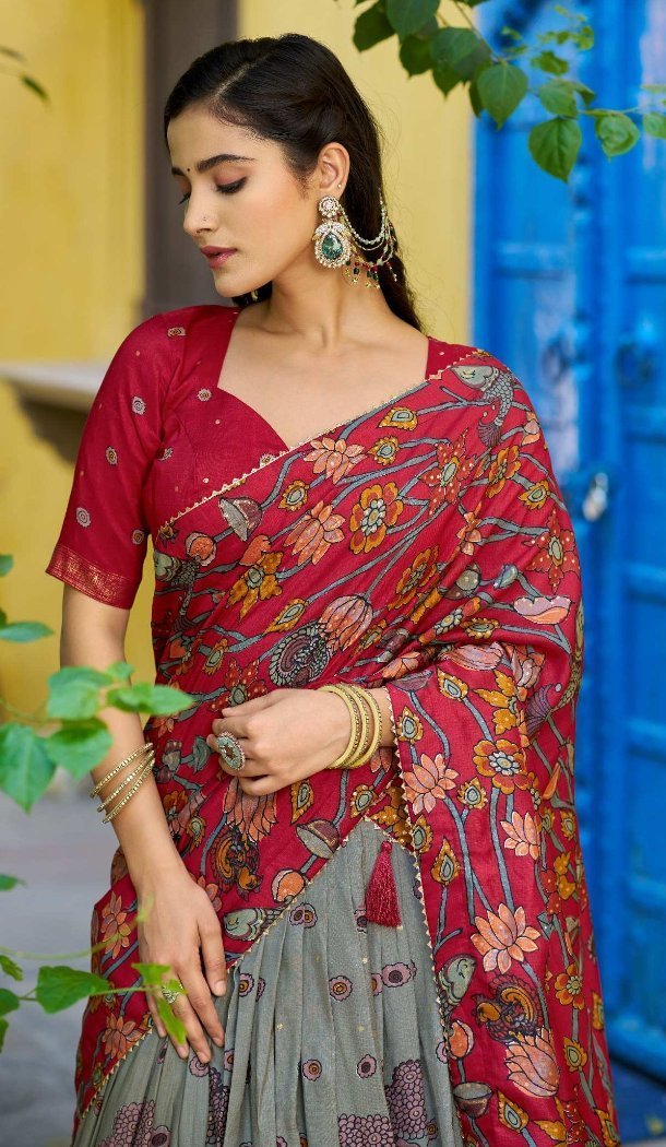 Grey Tasar Silk Kalamkari Work Chaniya Choli - 220214