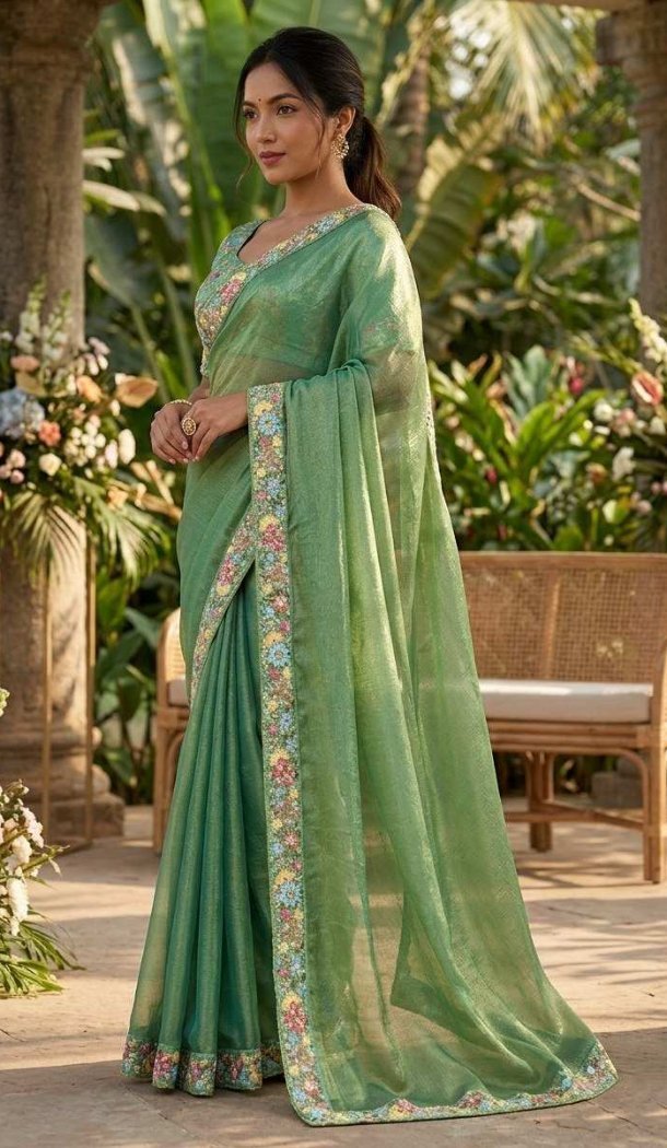 Sea Green Fendy Chiffon Embroidery Saree - 220426