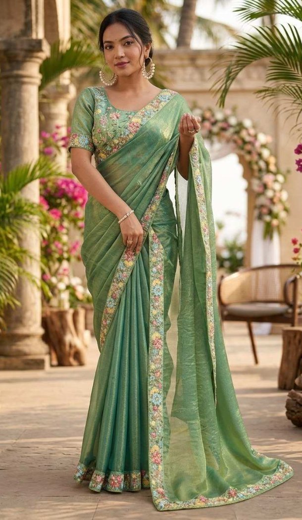 Sea Green Fendy Chiffon Embroidery Saree - 220426