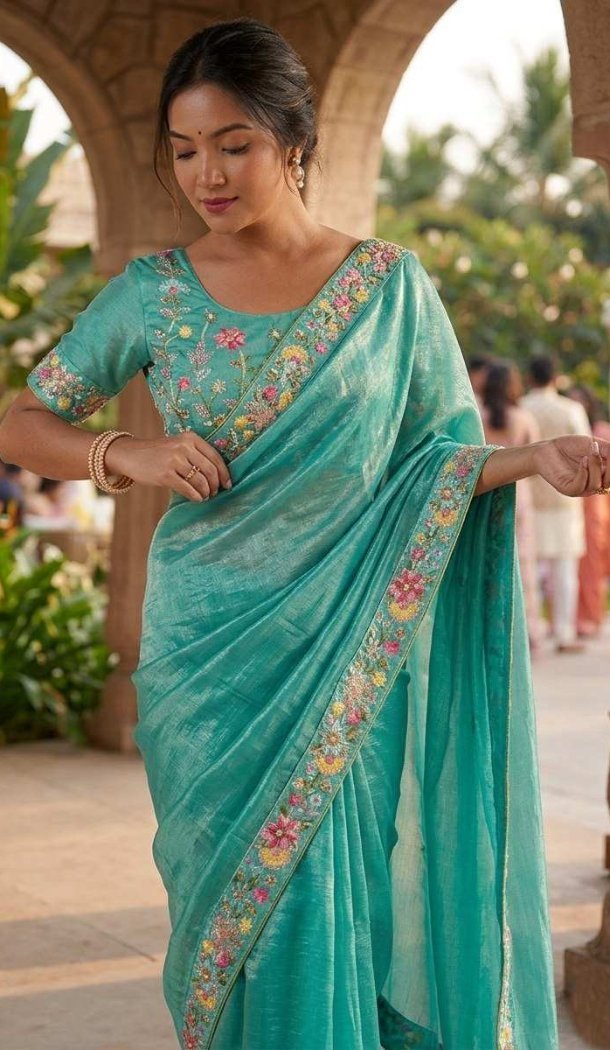 Sky Blue Fendy Chiffon Beads Embroidery Saree - 220427