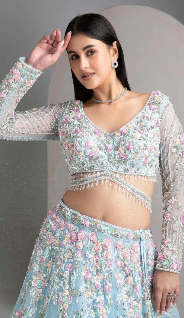 Sky Blue Organza Silk Embroidered Lehenga Choli - 220431