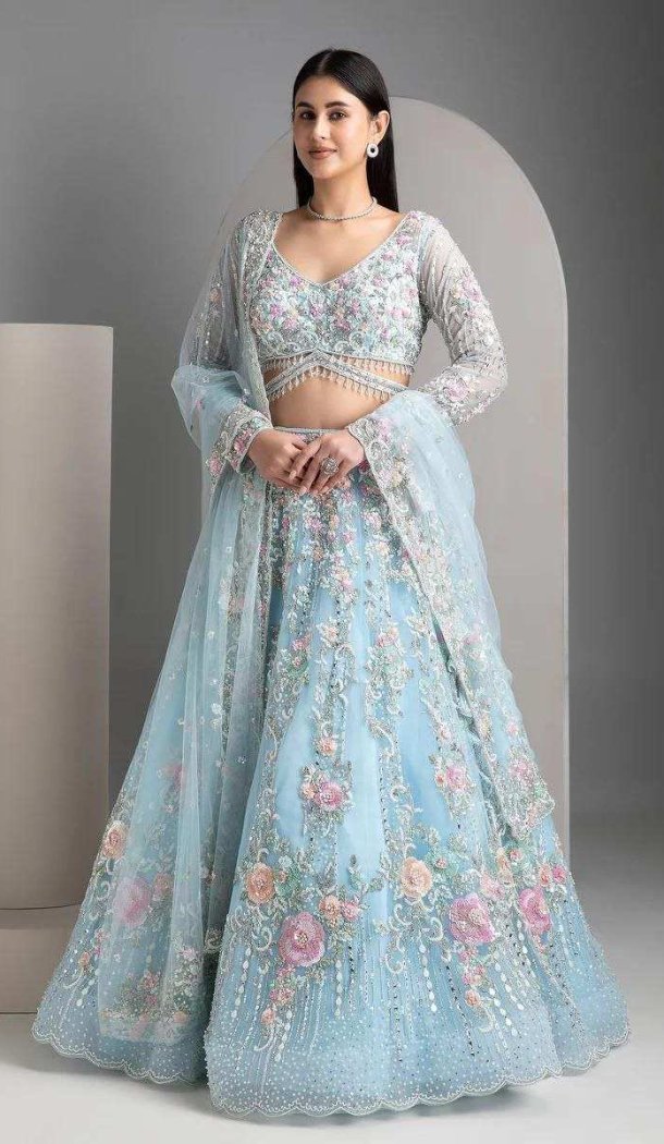 Sky Blue Organza Silk Embroidered Lehenga Choli - 220431
