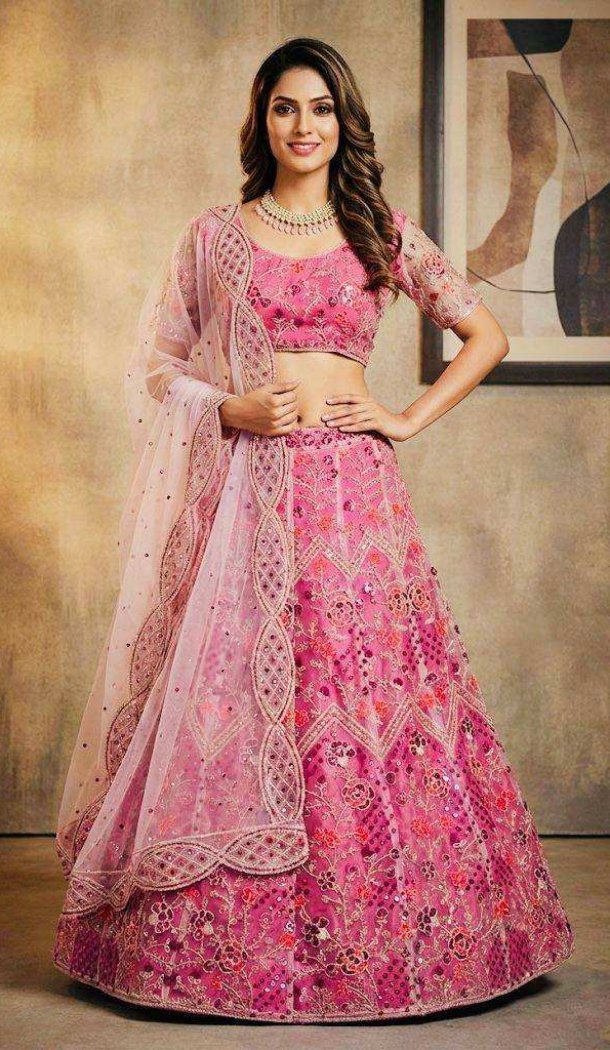 Pink Butterfly Net Coding Work Lehenga Choli - 220433