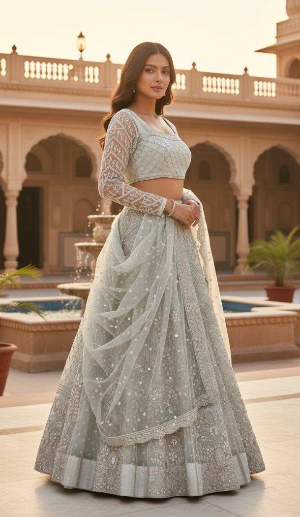 Off White Butterfly Net Embroidered Lehenga Choli - 220434