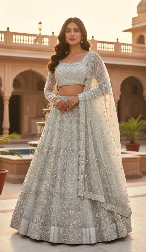 Off White Butterfly Net Embroidered Lehenga Choli - 220434