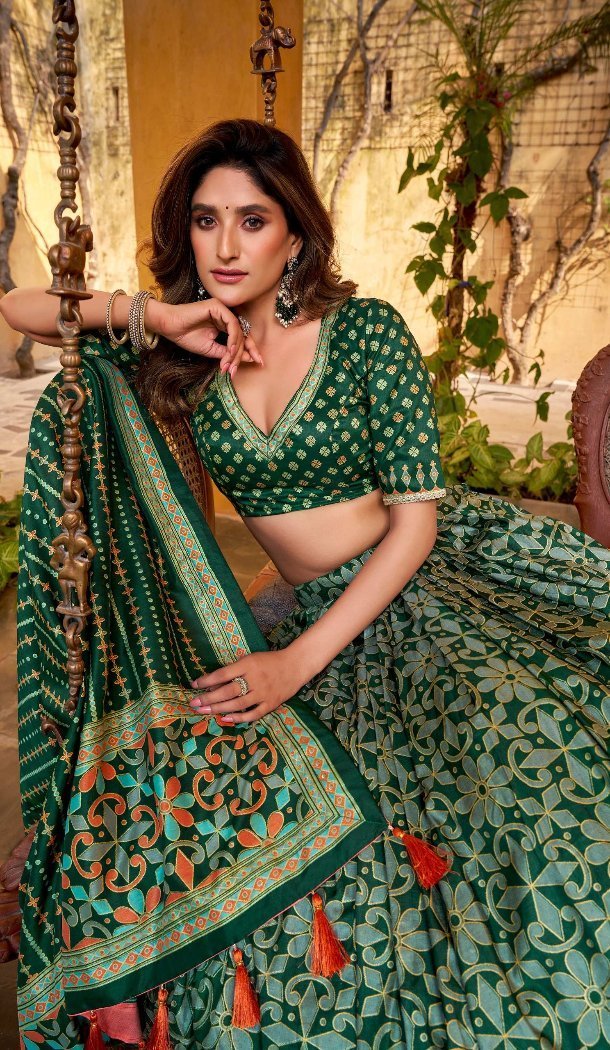 Green Tassar Silk Designer Printed Navratri Chaniya Choli - 170507681
