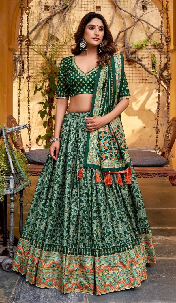 Green Tassar Silk Designer Printed Navratri Chaniya Choli - 170507681