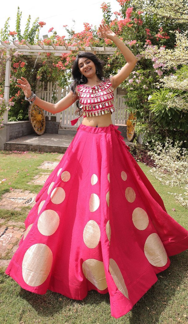 Gota Work Roman Silk Navratri Chaniya Choli with Mirror Lace - 172468858