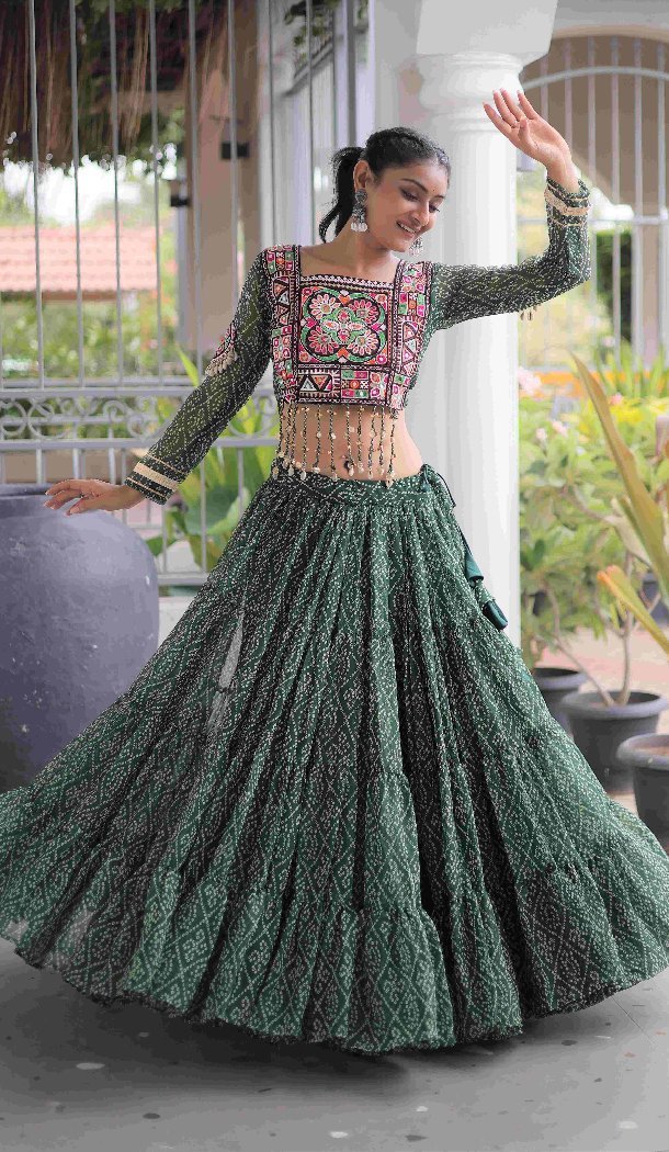 Green Kutchi Patch Work Faux Georgette Navratri Chaniya Choli - 173649649