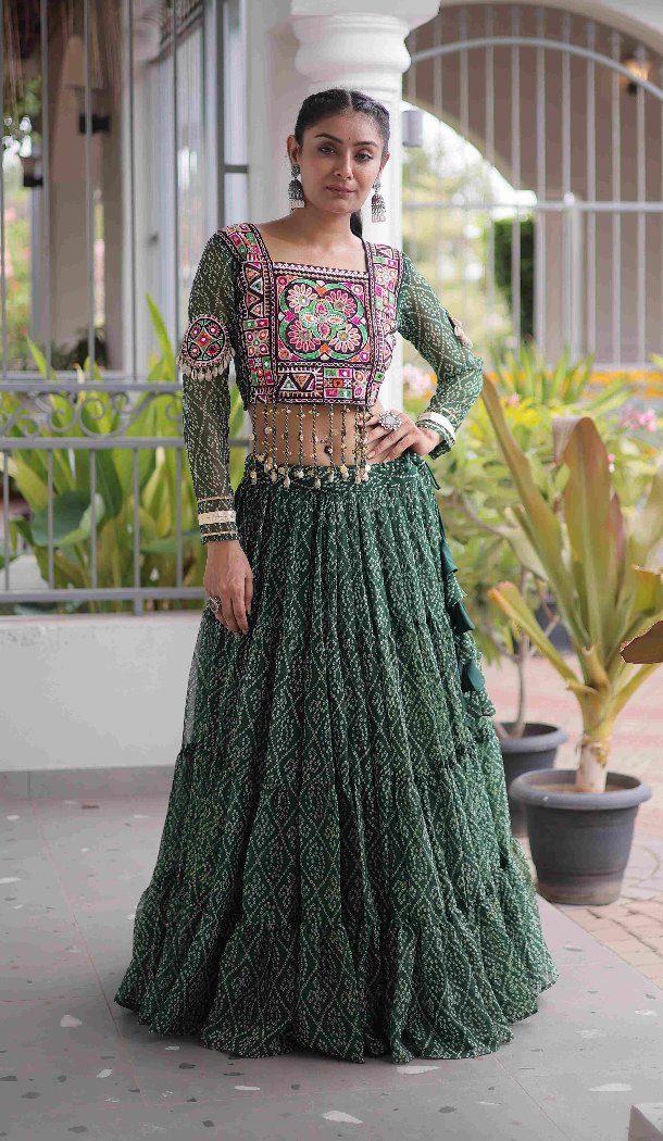 Green Kutchi Patch Work Faux Georgette Navratri Chaniya Choli - 173649649
