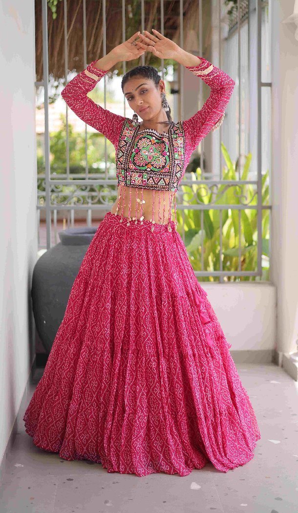 Pink Designer Kutchi Patch Work Navratri Chaniya Choli - 173649651