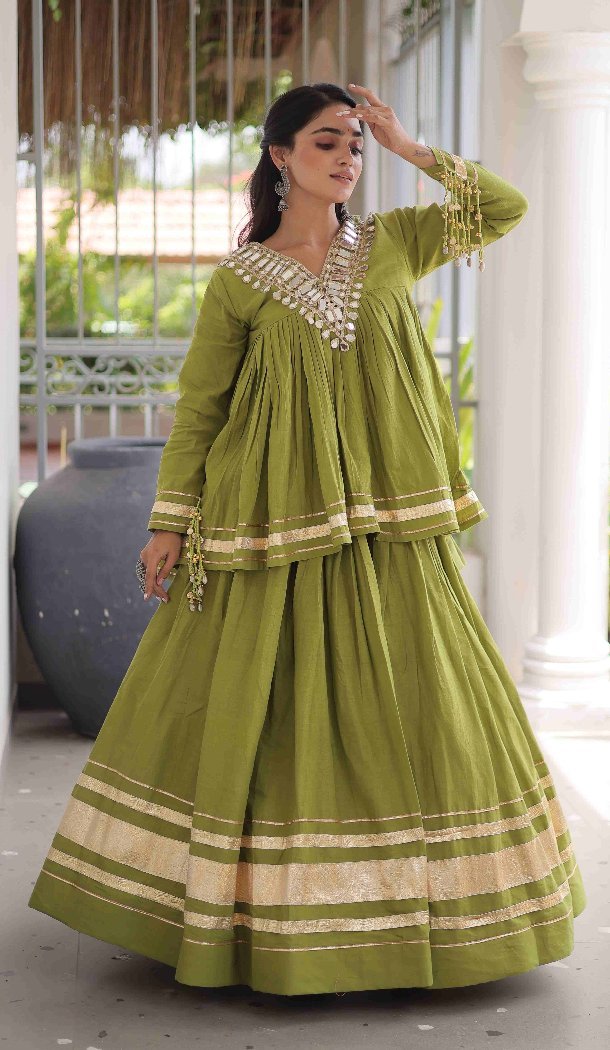 Parrot Green Zari Patta Kora Cotton Chaniya Choli - 173759730