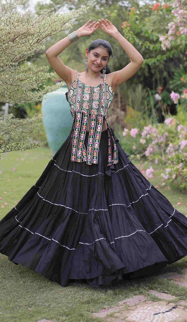 Black Kora Cotton Chaniya Choli with Kutchi Patch Work for Navratri - 173899844