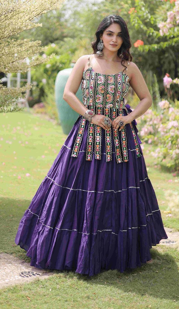 Purple Kora Cotton Chaniya Choli with Kutchi Patch Work for Navratri - 173899848