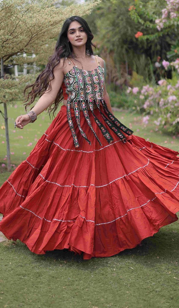 Rust Navratri Chaniya Choli in Kora Cotton with Kutchi Patch Work - 173899849