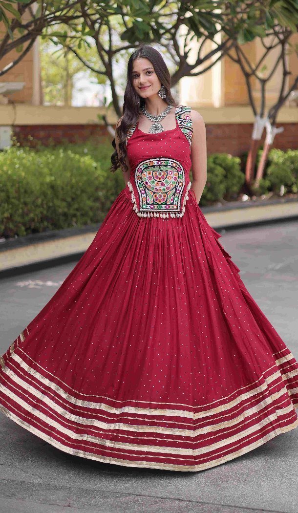 Maroon Gamthi Mirror Work Rayon Navratri Chaniya Choli - 174491258