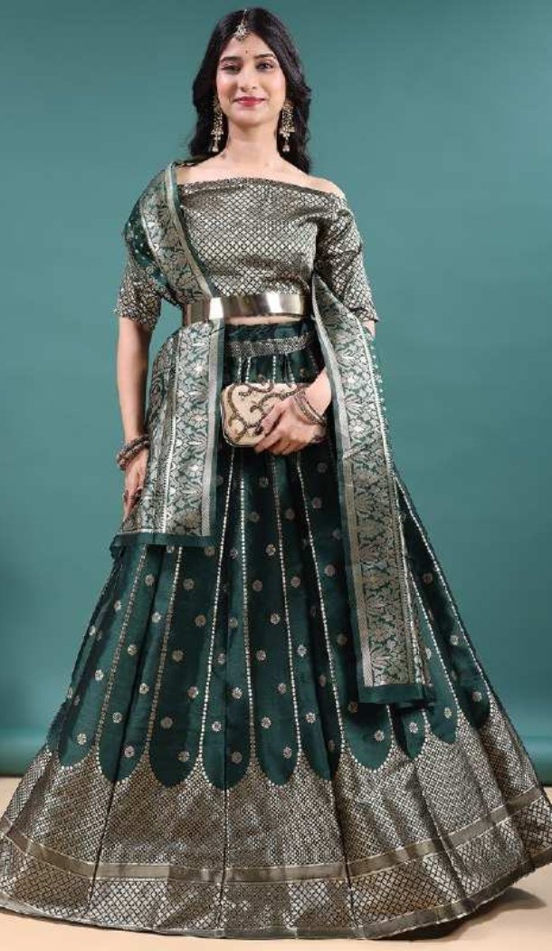 Green Soft Jacquard Lehenga Choli with Jacquard Work - 15052220664