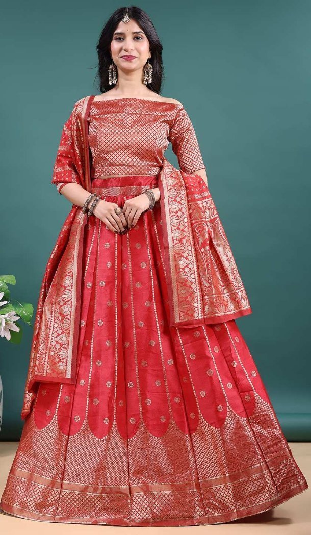 Red Soft Jacquard Party Wear Lehenga Choli - 15052220668