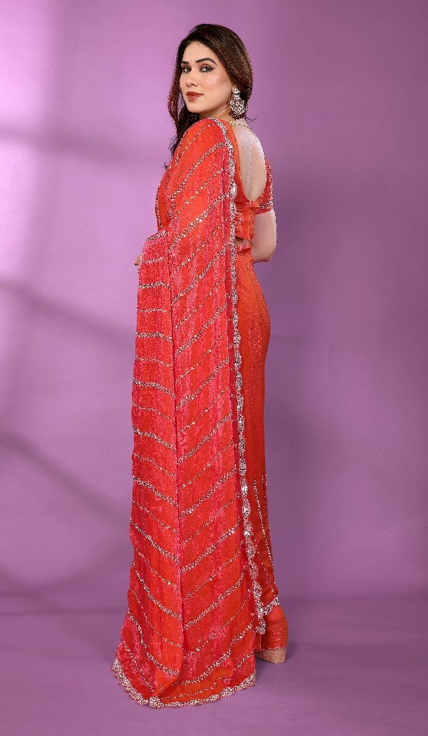 Gajari Party Wear Satin Silk Saree with Beads Work - 15053220670
