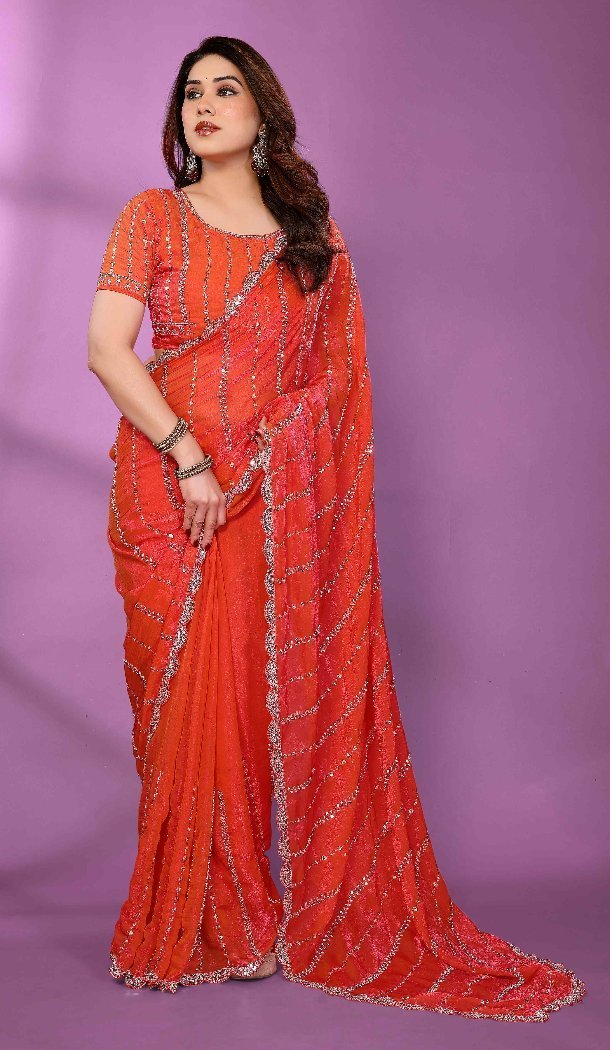Gajari Party Wear Satin Silk Saree with Beads Work - 15053220670