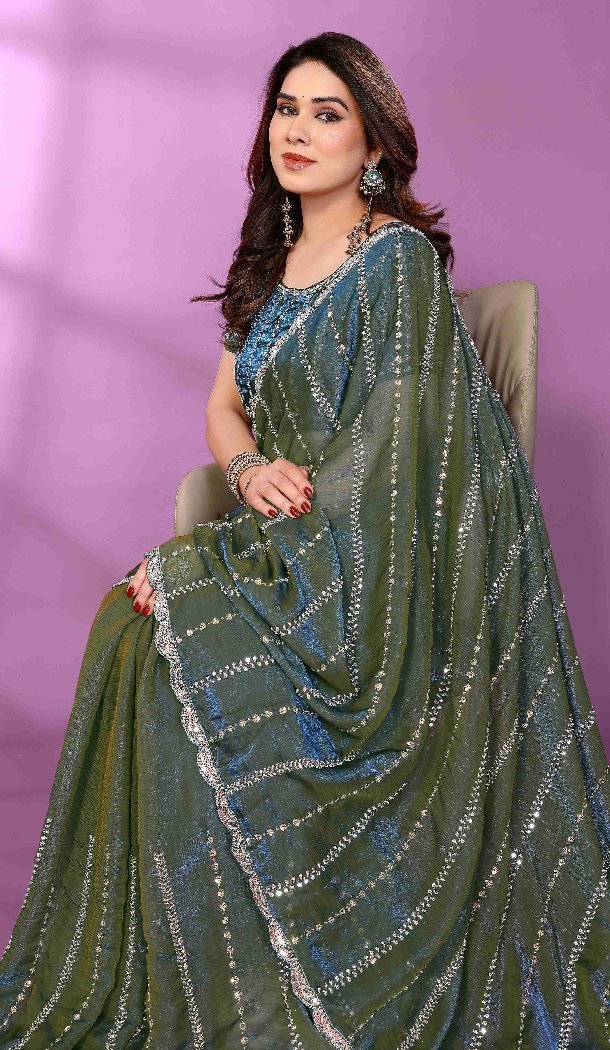 Teal Blue Satin Silk Party Wear Saree with Beads Work - 15053220672