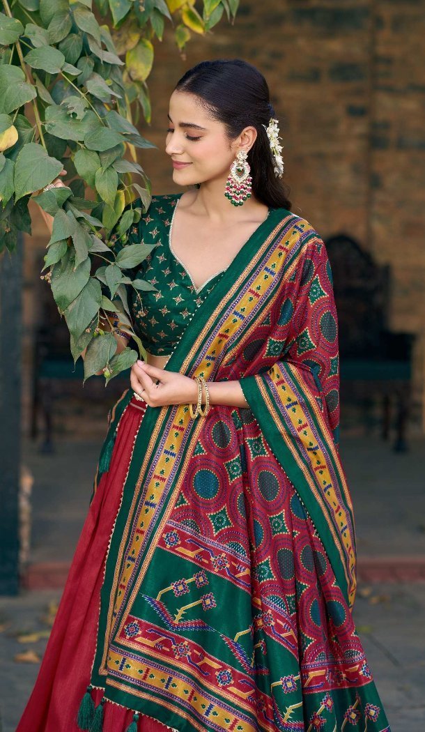 Red Sparkle Work Tasar Silk Navratri Chaniya Choli - 15055220684