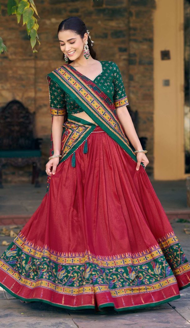 Red Sparkle Work Tasar Silk Navratri Chaniya Choli - 15055220684