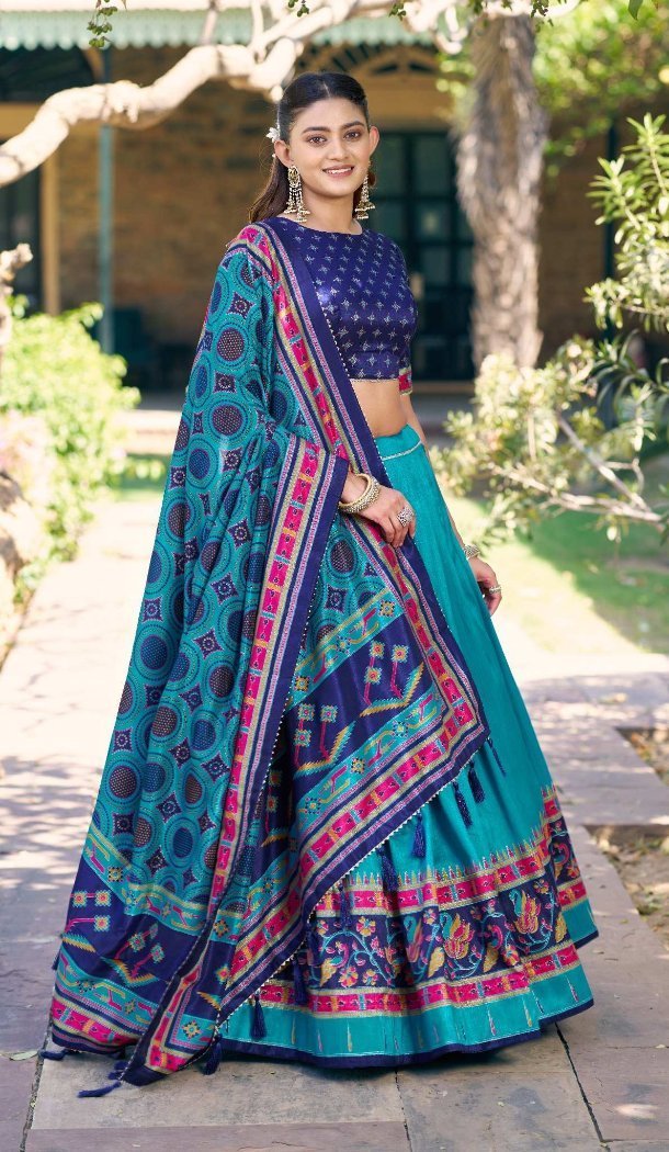 Blue Tasar Silk Printed Navratri Chaniya Choli with Sparkle Work - 15055220685
