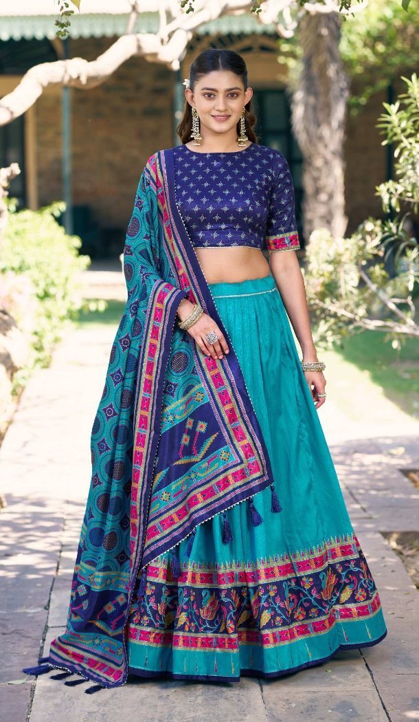 Blue Tasar Silk Printed Navratri Chaniya Choli with Sparkle Work - 15055220685
