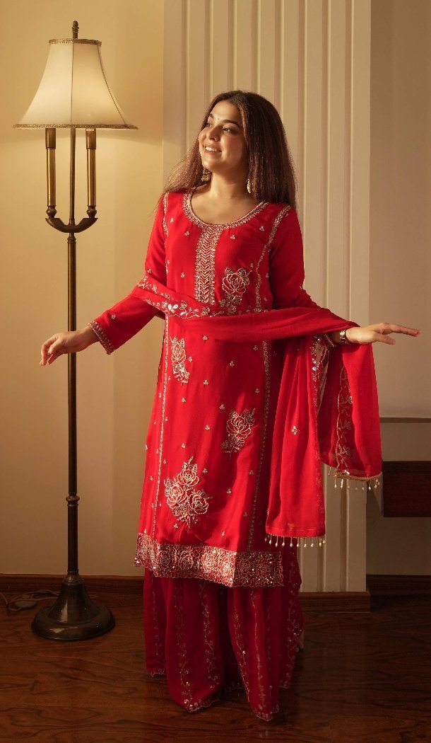 Red Faux Georgette Embroidered Palazzo Suit - 15077220763