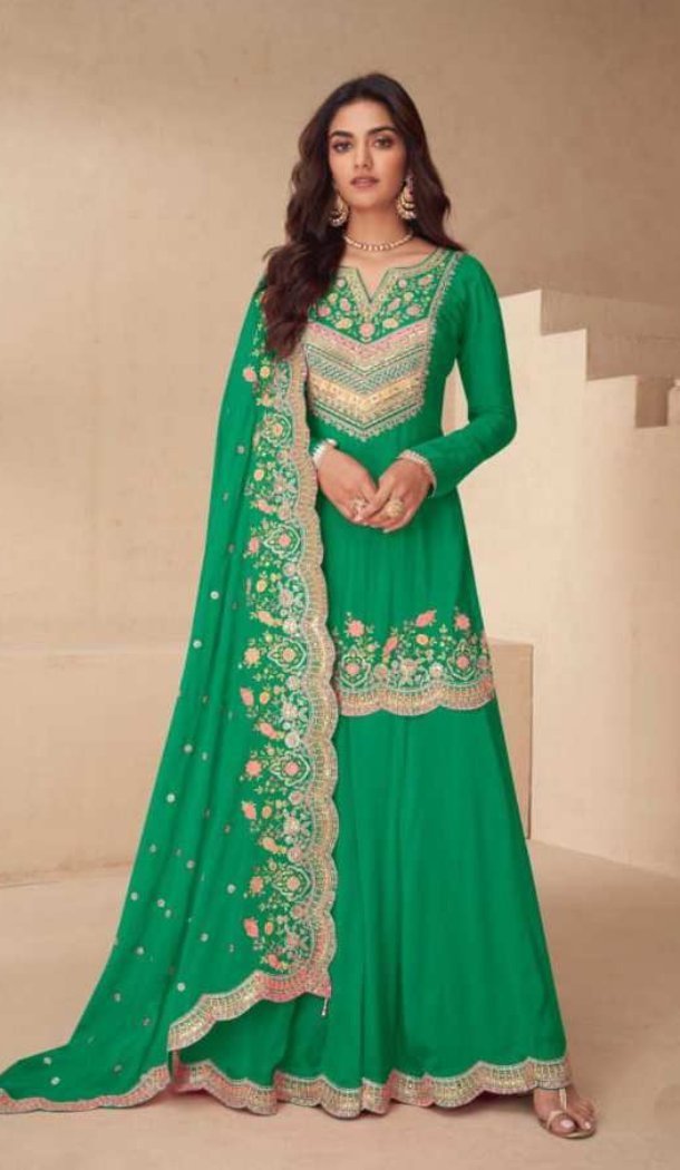 Green Real Chinon Palazzo Suit with Embroidery Work - 15081220776