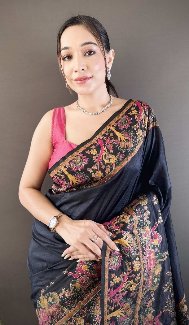 Black Pashmina Silk Traditional Saree with Zari Work - 15106220861