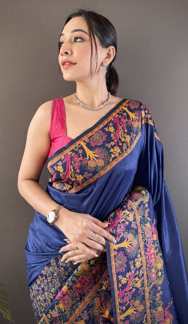 Navy Blue Pashmina Silk Saree with Elegant Zari Weave - 15106220862
