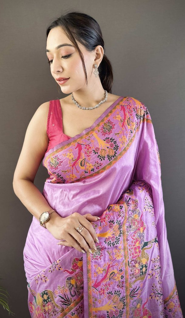 Purple Pashmina Silk Saree with Beautiful Zari Weaving - 15106220864