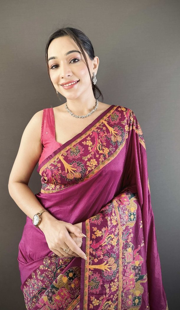 Wine Traditional Saree in Pashmina Silk with Zari Work - 15106220865