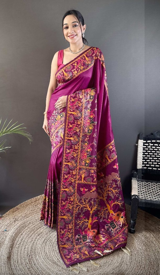 Wine Traditional Saree in Pashmina Silk with Zari Work - 15106220865