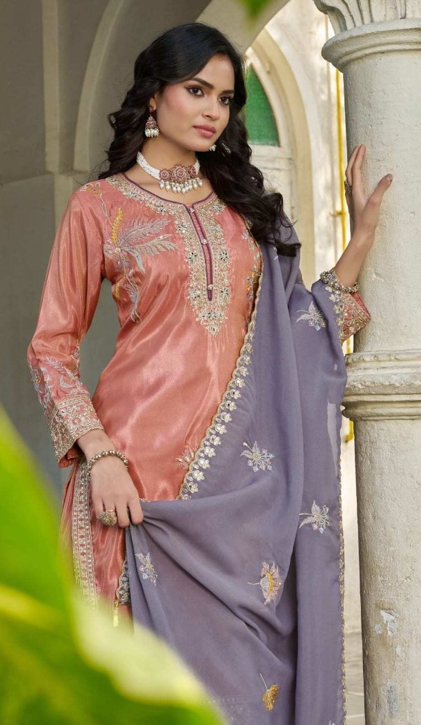 Orange Shimmer Palazzo Suit with Embroidery Work - 15126220961