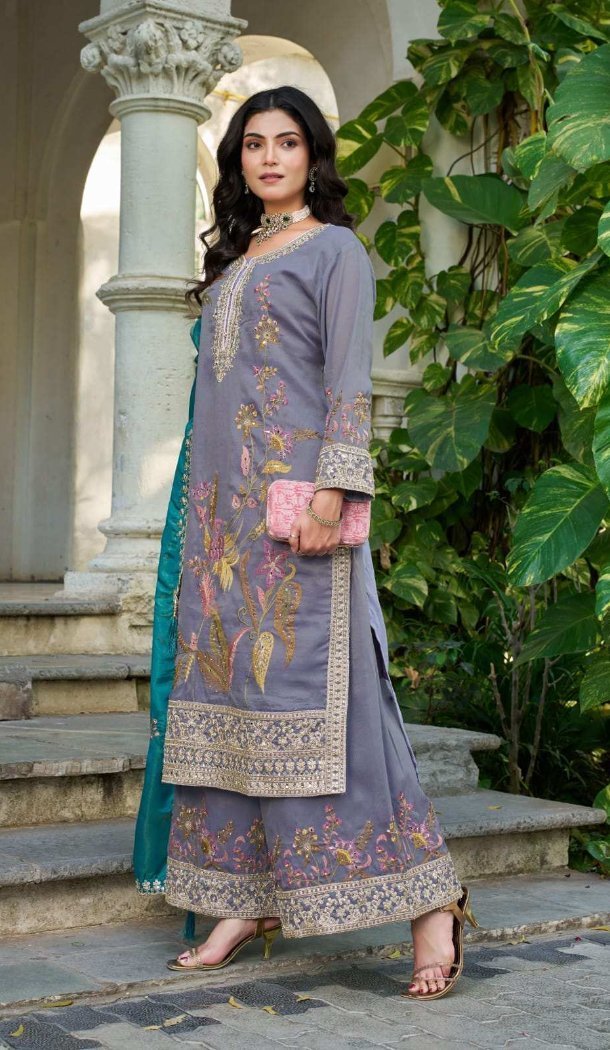 Purple Zari Thread Work Shimmer Palazzo Suit - 15126220962
