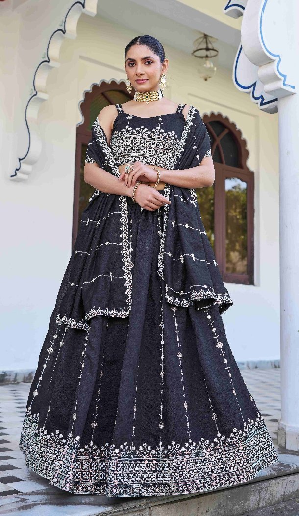 Blue Silk Lehenga Choli with Thread & Sequin Work - 15132220981