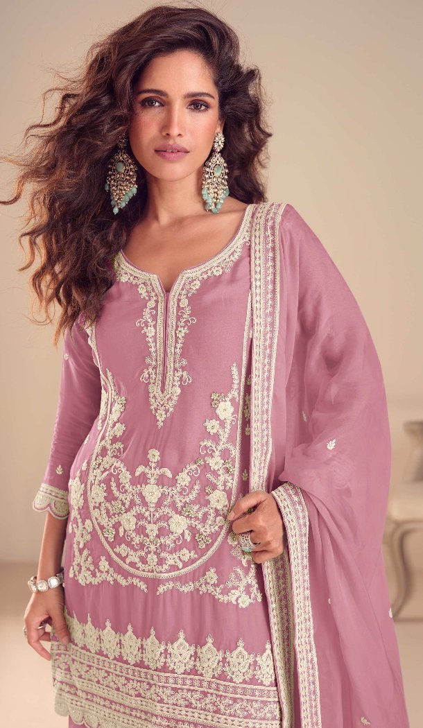 Pink Chinon Palazzo Suit with Elegant Embroidery Work 15167221203