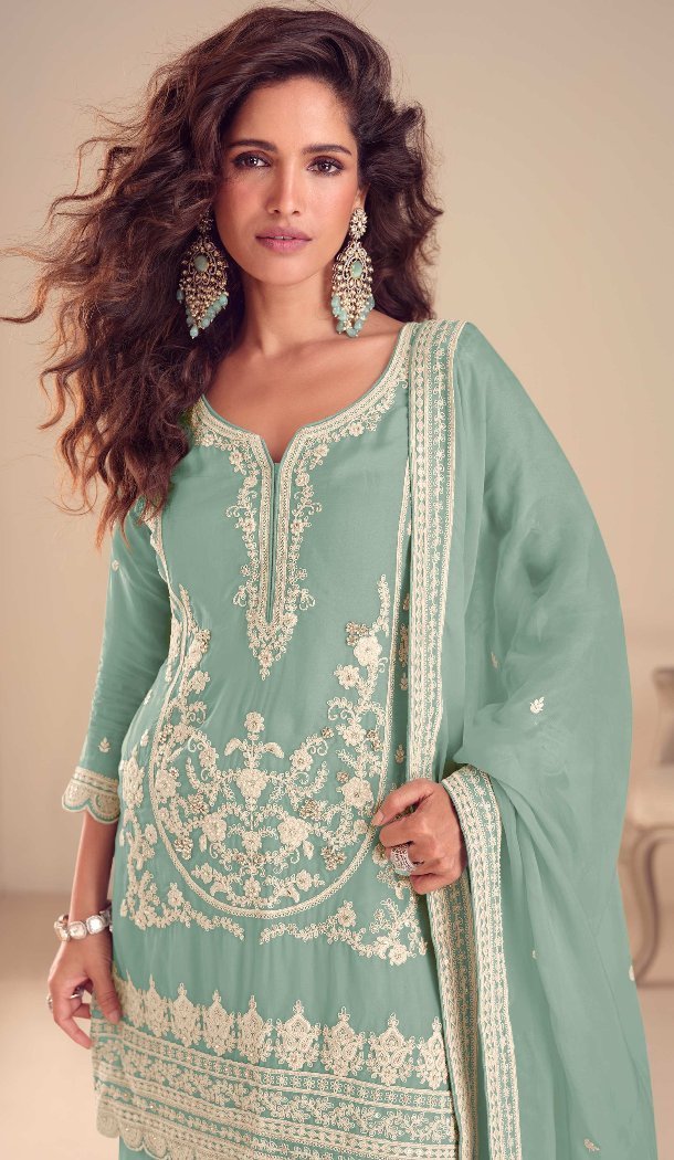 Graceful Green Palazzo Suit in Chinon with Embroidery 15167221204