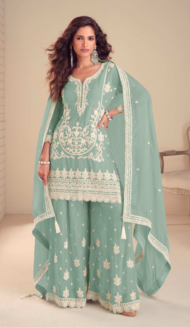 Graceful Green Palazzo Suit in Chinon with Embroidery 15167221204
