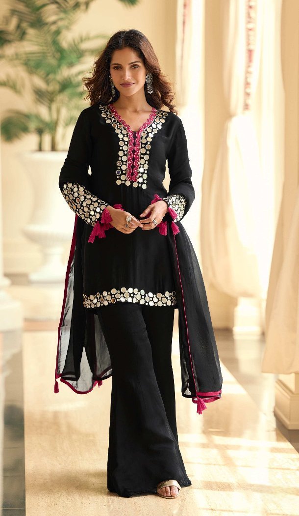 Shop Black Shimmer Palazzo Suit with Elegant Embroidery 15168221205