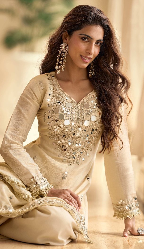 White Palazzo Suit in Shimmer Fabric with Embroidery Work 15168221207