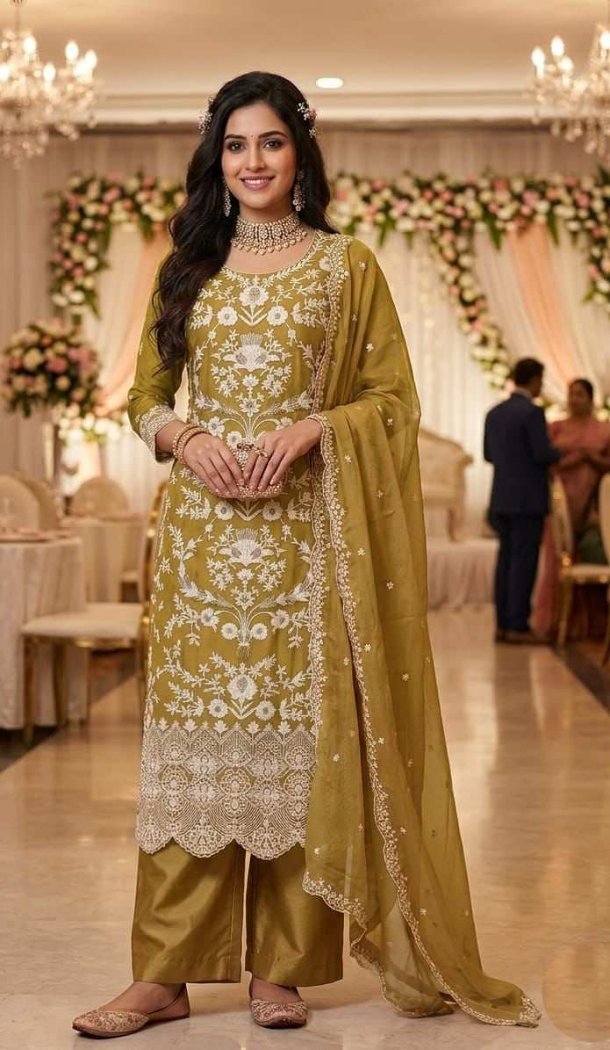 Mustard Embroidered Organza Salwar Suit 15170221212