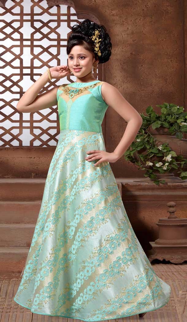 Sky Blue Color with Bubbles Silk Fabric,  Exclusive Designer Kids Gowns | FHK13525678