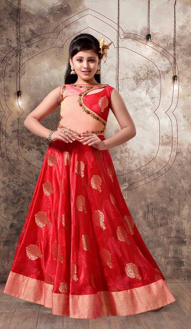 Red Color with Saded Jecard Silk Fabric,  Exclusive Designer Kids Gowns | FHK13525683