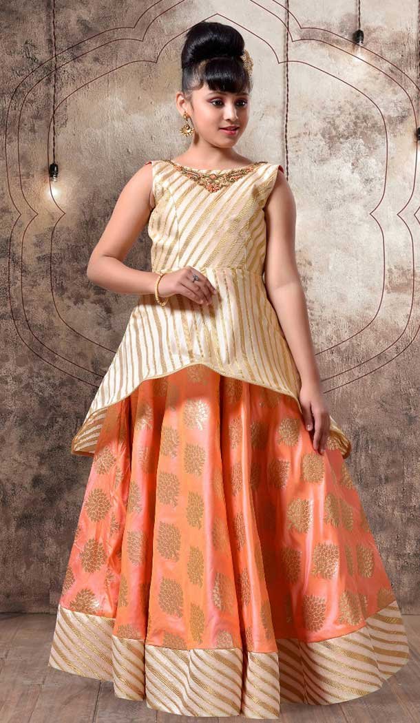 Orange Color with Jecard Silk Fabric,  Exclusive Designer Kids Gowns | FHK13525686